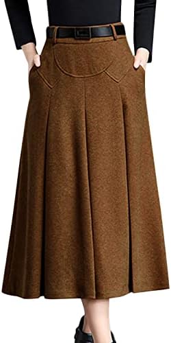 Tanming Womens Winter High Waist A-Line Pleated Wool Midi Skirt