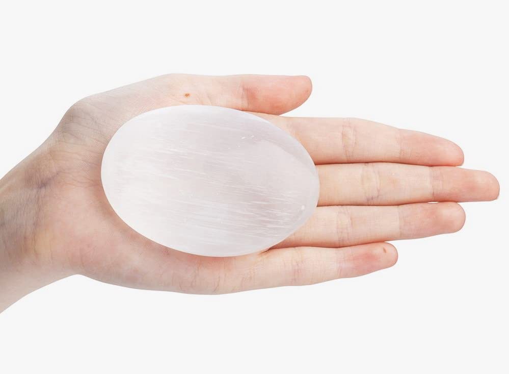 British Fossils Selenite Pebble Palmstone Smooth Stone Healing Angelic Meditation Energy Charged Crystal Large (Selenite) 1 Piece