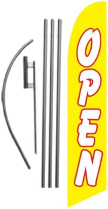 Open (Yellow/White) 15ft Feather Banner Swooper Flag Kit - Includes 15FT Pole KIT w/Ground Spike