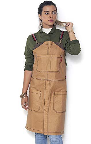 Under NY Sky Cross-Back Camel Beige Apron - Coated Twill with Leather Reinforcement, and Split-Leg - Adjustable for Men and Women - Pro Barber, Tattoo, Stylist, Barista, Bartender, Server Aprons
