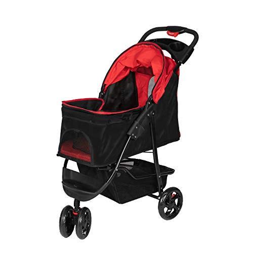 Peachtree Press Inc Foldable Pet Stroller Portable Travel Carrier for Dogs/Cats 3 Wheeler Pet Cart with Storage Basket Waterproof Cup Holders Red