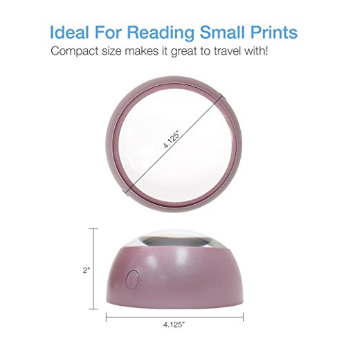 MagniPros 5X Ultra Bright LED Magnifying Glass Dome Magnifier with Cleaning Pouch & 2 Extra Replacement Batteries-Large Viewing Area, Ideal for Reading Small Print, Papperweight, Low Vision(Pink)