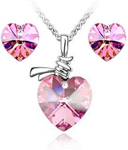 18k White Gold Plated Ocean Pink Austrian Crystal Sparkling Heart Pendant Set for Women