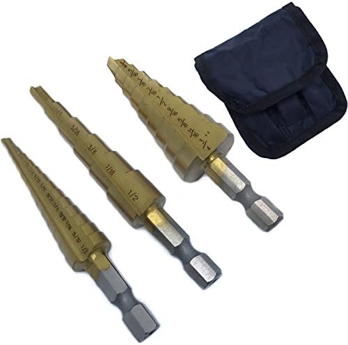 3PC Titanium Nitride Coated M2 High Speed Steel Step Drill Bit Set 28 Sizes,Quick-change 1/4" Hex Shank SAE - Axetos