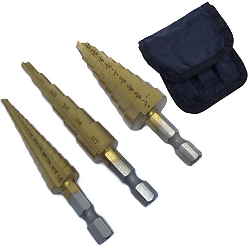 3PC Titanium Nitride Coated M2 High Speed Steel Step Drill Bit Set 28 Sizes,Quick-change 1/4" Hex Shank SAE - Axetos
