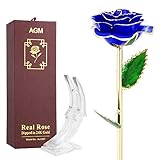 AGM 24k Blue Gold Rose Flower with Long Stem Real Rose Dipped in Gold, Gift for Her Mom Wife Girlfriend Women Girls Christmas, Thanksgiving, Valentine's Day, Birthday, Mother's Day, Wedding