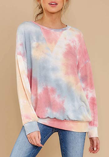 Huiyuzhi Womens Crew Neck Tie Dye Top Batwing Dolman Sleeve Rainbow Colorful Pullover Sweatshirt