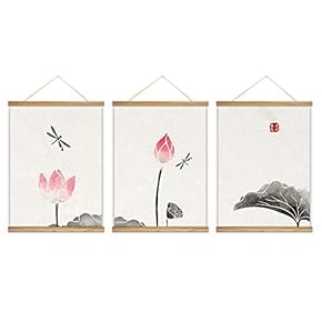 3 Panel Hanging Poster with Wood Frames Lotus Canvas Artwork Wall Picture Home Decoration - 18"x24"x3 Panels