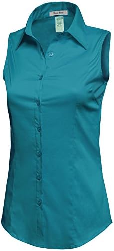 REVENINE Women's Basic Collar Button Down Vest Shirts (Plus Size Available) Large Ocean