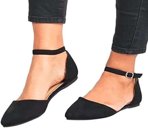 Women's Shoes Fashion Adjustable Ankle Strap Buckle Pointed Toe Low Wedge Flat Shoes Memela