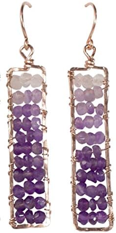 Sunset Statement Gem Dangle Earrings - Hammered Rose Gold Rectangle Dangle Earrings with Ombre Purple Amethyst