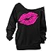 Begonia.K Women's Sexy Pullover Lips Print Casual Off the Shoulder Slouchy Shirt, Black, XX-Large