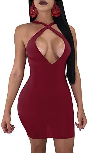 Doramode Sexy Spaghetti Strap Deep V-Neck Backless Criss Cross Lace up Bandage Bodycon Clubwear Dress Cut Out Short Cute Outfits for Women,Burgundy/Wine Red Large