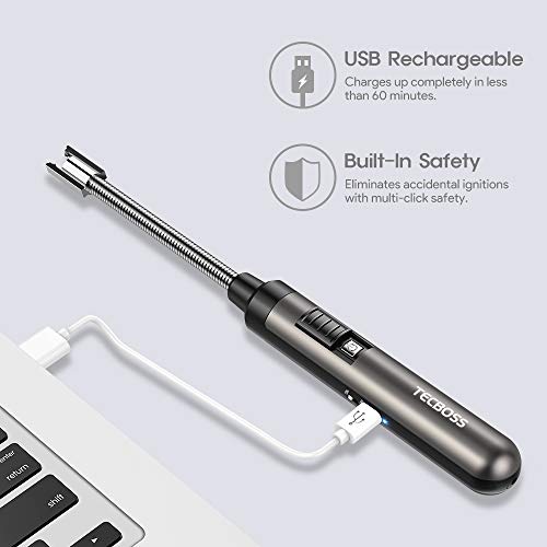 Lighter, Tecboss Zinc Alloy Candle Lighters Electric USB Lighter, Plasma Arc Rechargeable Long Lighter for Camping Cooking BBQs Fireworks, Gift Box
