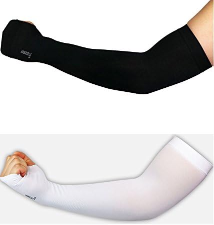 Compression Arm Sleeves Sun Block UV Protection Cooler Band Driving Cycling Runing Fising Golfing Hiking Hand Cover Arm Sleeves 2 Pair (White + Black)