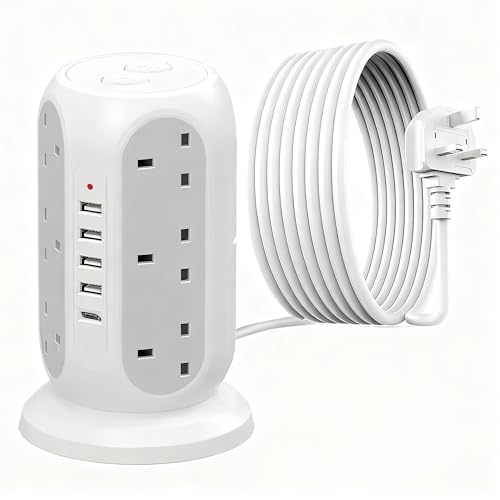 AMROAH 4000W 2m Cord Extension Tower Strip 12 Outlets 4 USB A 1 Type C 2 Switch, Surge Protector Multi Extension Tower Lead Multiplug Socket, Extension Cord with Multiple Plug for Home Office (White)