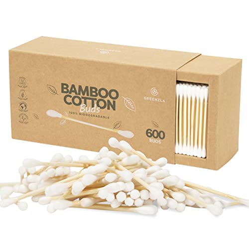 600 Pack Organic Cotton Swabs - Natural, Biodegradable, Chlorine-Free & Hypoallergenic Ear Swabs - Cruelty-Free, Comes with Eco-Friendly Holder