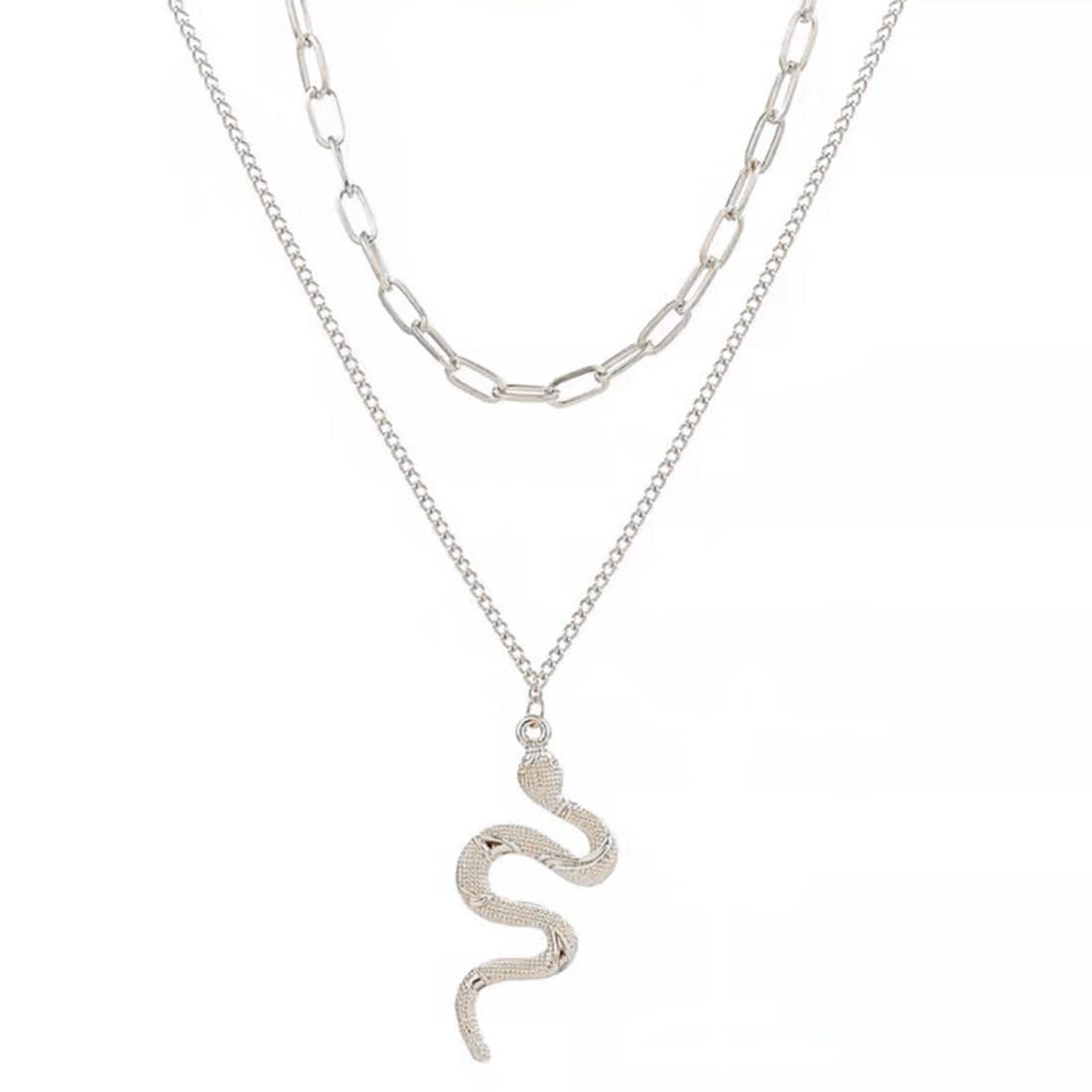 Carufin Snake Necklace Retro Silver Snake Pendant Choker Necklace Chain Adjustable Jewelry for Women and Girls (2 Layer Necklace)