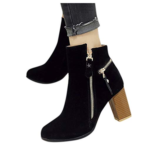 TnaIolral Women Booties Comfortable Round Toe Zipper Thick Heel Casual Work Ankle Shoes (US:5, Black)