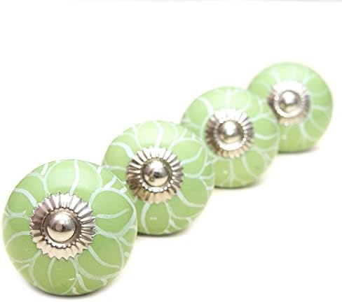 Pretty GREEN Petal CERAMIC Door Knobs / Drawer Pulls from INDIA. SET of 4. (RHPK160082)