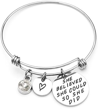 AISHOW She Believed She Could So She Did Inspirational Birthstone Charm Expandable Stainless Steel Bangle Bracelet - Birthday Gifts for Women Girls (04-April Diamond)