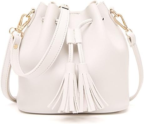 ABBY KLEIN Crossbody Bags for Women Bucket Bag tote Small Purse Drawstring with Tassel … (white)