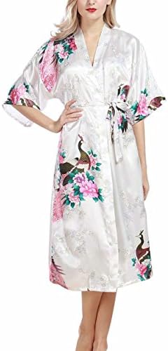 Puluo Women's Peacock Nightwear Pyjamas Silk Satin Blossoms Robe Bathrobe Nightdresses Soft Kimono Gown