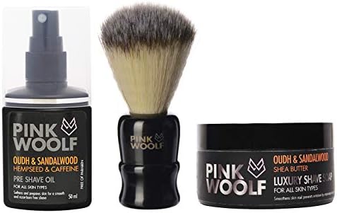 Pink Woolf Pre Shave Oil, Synthetic Bristles Shaving Brush & Luxury Shaving Soap (Combo pack Of 3)