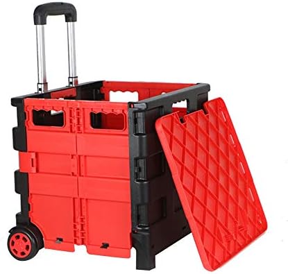 Shopping Trolley Foldable PP Plastic Can Sit Storage Box Telescopic Rod with 4 PVC Wheels Supermarket, 36 X 32 X 32cm (Color : Red)