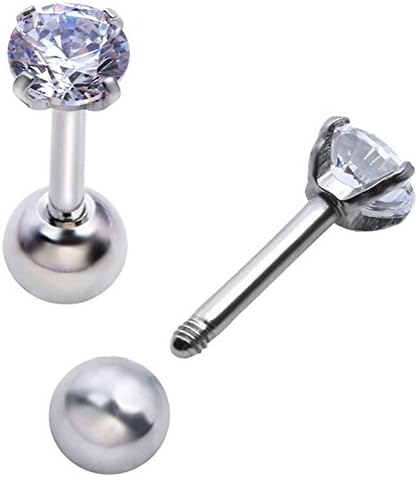 Peki Barbell EarringsPair of 16g Stainless Steel Round Cubic Zirconia Helix Cartilage Tragus Ear Lobe Barbell Stud Earrings