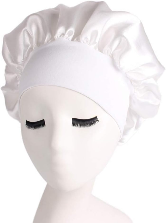 IETONE Women Wide Band Satin silk Bonnet Cap Comfortable Night Sleep Cap Ladies Soft Silk Long Hair Care Bonnet Headwrap-White
