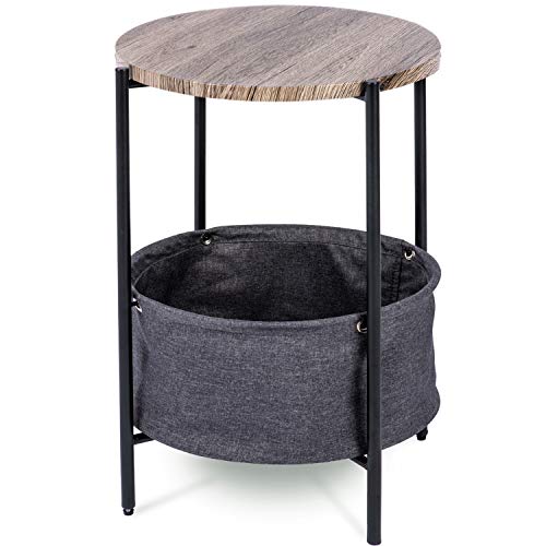 Urest Side Table / End Tables with Fabric Storage Baskets / Modern Round Bedside Table / Small Accent Table Wood and Metal, Grey