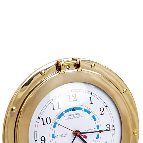 Nagina International 12" Solid Brass Porthole Tide & Time Clocks