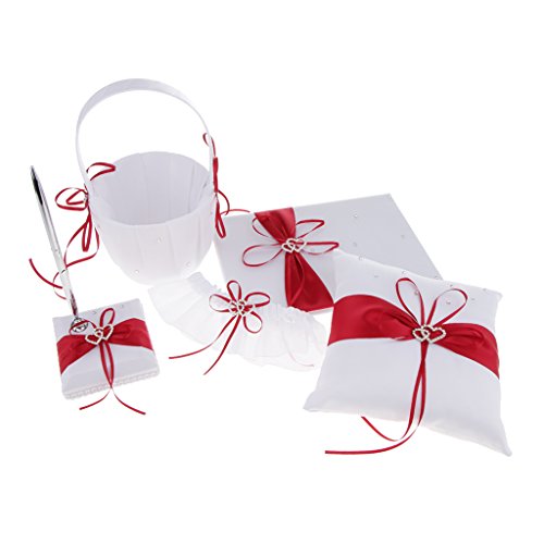 SunniMix Pieces of 5 Wedding Set Guest Book and Pen Stand Flower Girl Basket Ring Cushion Ring Holder Ring Bearer Garter Keepsake Memorial - Red, as described