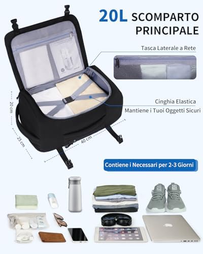 Zaino Ryanair 40x20x25, Zaino da Viaggio da 20L con 10 Tasche, Valigia Bagaglio a Mano Porta PC 14 pollici, Zaini Donna Uomo in PET Riciclato per Trekking e Lavoro（Nero）