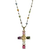 Rainbow Cross Pendant Necklace - Colorful Shiny Rhinestones, Dainty Christian Jewelry for Women