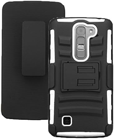 LG Volt 2 Armored Phone Case &amp; Belt Clip Holster by Optionz. Full Protective Hybrid Phone Case with Dual Kickstand. Compatible Case for LG Volt 2 LS751, LG Magna C90, LG G4 Mini. (White)