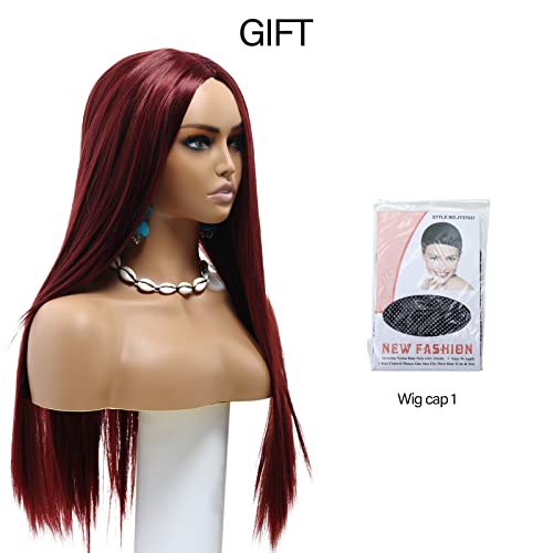 POPTAIYU Burgundy Long Straight Wigs for Women Synthetic Cosplay Full Hair Wigs Middle Parting for Daily Party Use (Burgundy，27.5 inch)