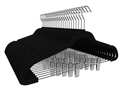 Premium Quality Velvet Clip Hangers (Set of 26) Ultra Thin No Slip Hangers Great for Skirts, Dresses, Suits, Shirts & More - Swivel Hooks, Stronger Than Standard Hangers - Space Saving Hangers - Black