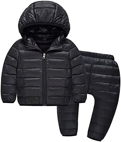 Kids Winter Warm Lightweight Hooded Down Jacket Snowsuit with Ski Pants Outfits (4-5T, Black)