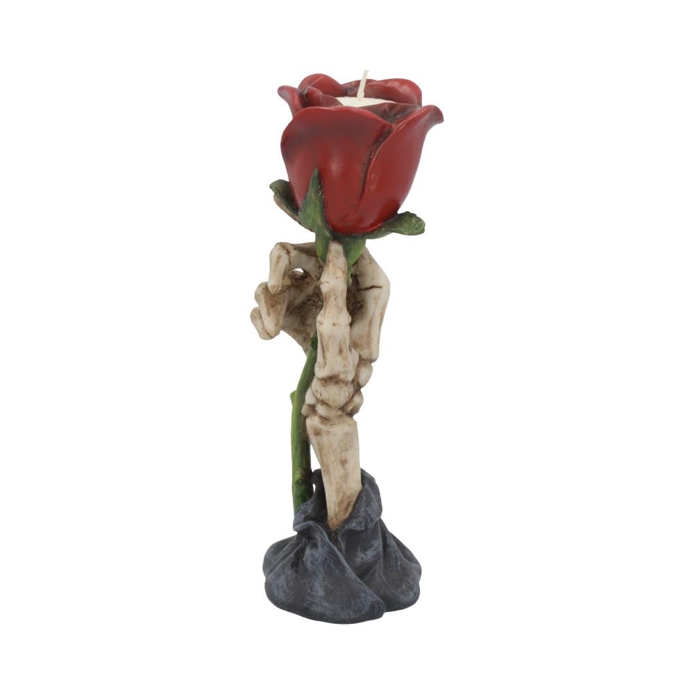Eternal Flame Skeleton Rose Tealight Holder 20.5cm – Gothic Hand Candle Holder with Red Rose Ornament, Hand-Painted Resin Décor