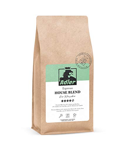 Adler Kaffee House Blend - Premium Espresso-Bohnen aus 70% Arabica und 30% Robusta (1 Kg Kaffee-Bohnen ganz) - In…