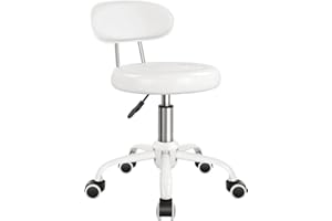 WKWKER Rolling Stool with Wheels Swivel Stool with Back Height Adjustable Chair PU Leather Rolling Chair Ideal for SPA Salon Home Office Drafting Work (White)