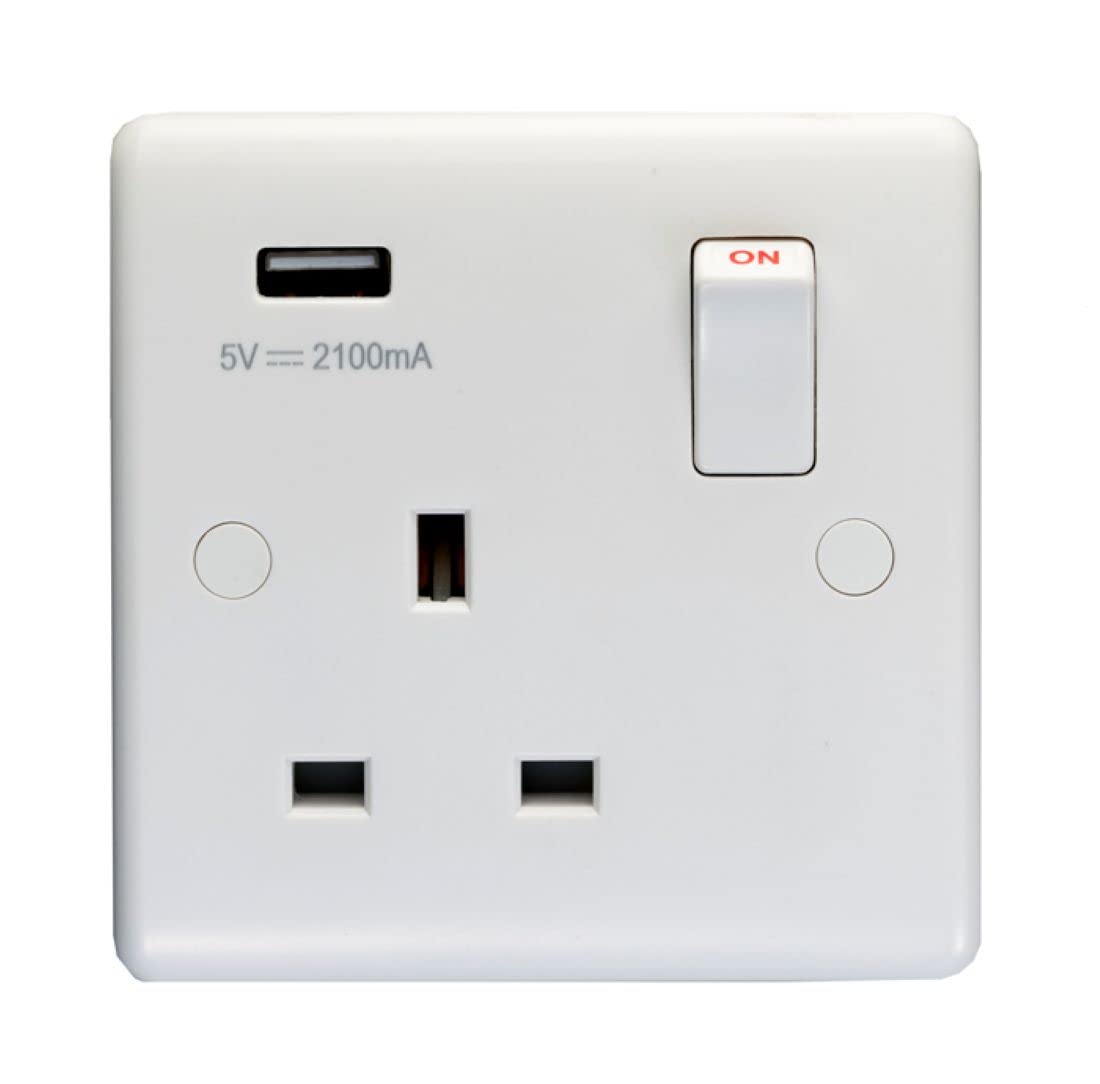 Eurolite Enhance White Plastic 13A 1 Gang Switched Socket With USB Charger (5V DC 2.1A)