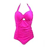 HDE Women's Retro One Piece Swimsuit Plus Size Padded Halter Vintage Swimsuit (Pink Ruched Monokini, X-Large)