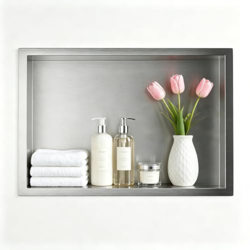 Bernkot Wall Mounted Shower Niche Stainless Steel 45 x 30 x 10 cm Wall Mounted Niche Bathroom Shelf Brushed Silver