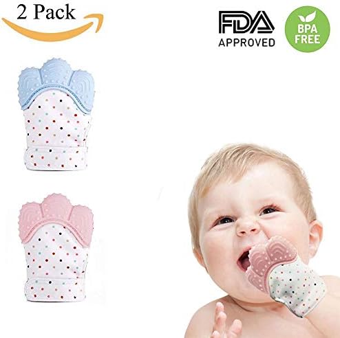 KACOOL Silicone Baby Teether, Soft Teething Mitten Self Soothing Teether & Teething Pain Relief Toy Glove, BPA-Free Natural Remedy for Infants & Toddlers 3-6 Months (Blue&Pink,2 Pack)