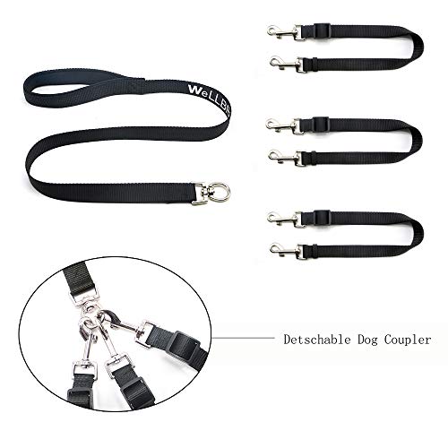 Wellbro 3 in 1 Durable Nylon Dog Leash with Padded Handle, Three- Way Pet Leash with a Coupler, Adjustable and Detachable, Lead for Small, Medium Dogs (Black)