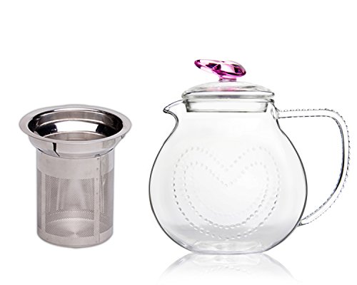 Glass Teapot with Tea Warmer Lead Free Special Glass No Drip by Tea Beyond (Glass, 34 oz Pink) - Thumbnail 2
