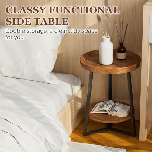 Gadroad Round End Table with Storage Shelf, 2 Tier Farmhouse Circle Side Table Nightstand for Living Room, Bedroom, Wood Tabletop & Black Metal Frame (15.7 * 15.7 * 23 inches, Cherry Wood Grain)